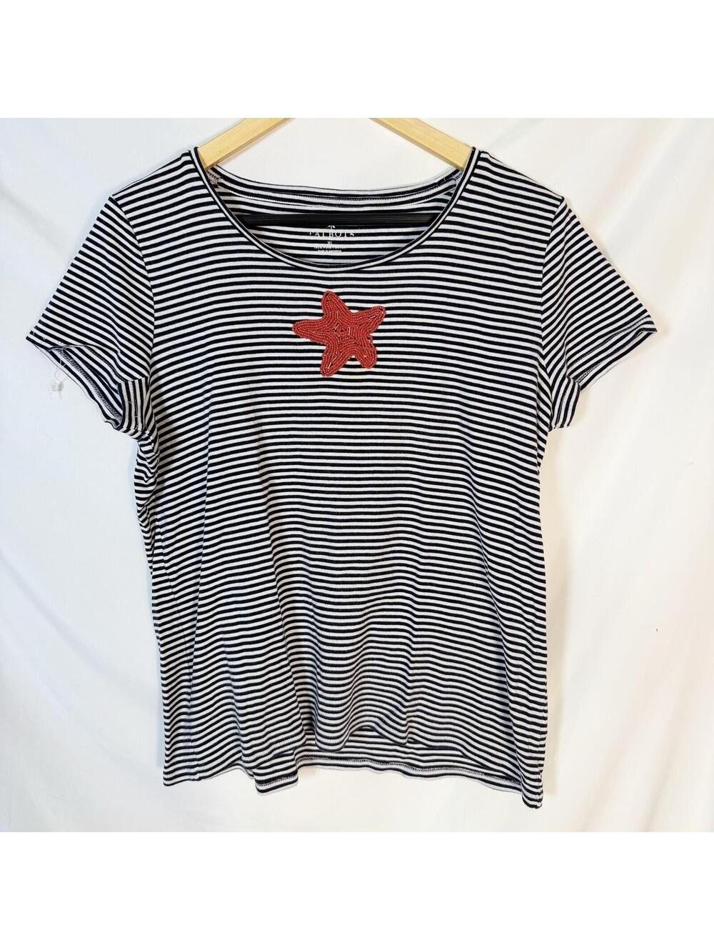 TALBOTS WOMENS TOP BLUE COTTON BEADED STAR STRIPED CASUAL COMFORT WEAR XL
